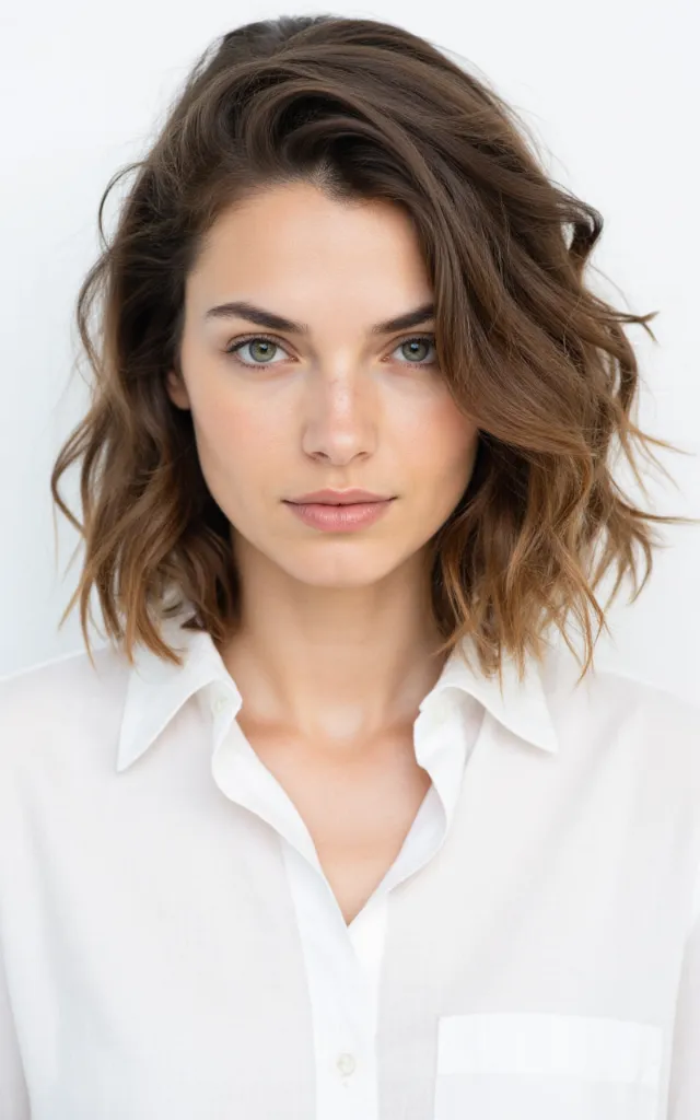 A French female model with Soft waves, wearing a shirt, against a white background, in a front   facing bust portrait
